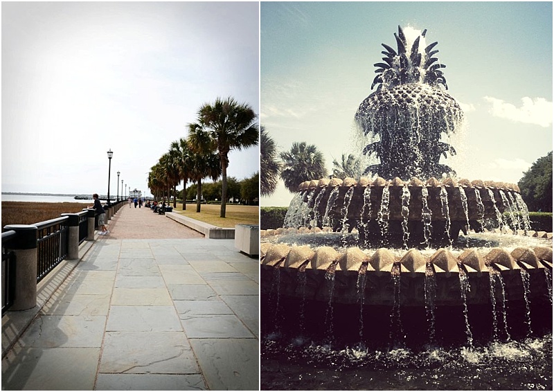 People walking along a walk-way at Battery Park and a pineapple fountain in Charleston, SC