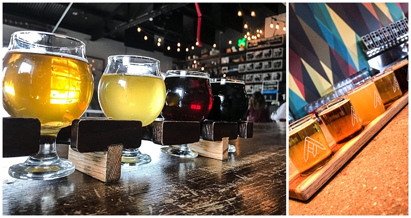 Flights of beer on a table inside a brewery in Denver, CO