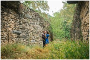 A couple's engagement photo at the Pulp Mill ruins in Harper's Ferry, WV