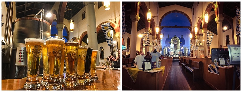 Flights of beer on a bar and a view of the main dining area at Church Brew Works in Pittsburgh, PA