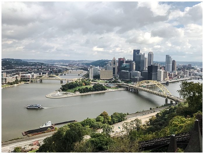 Looking down at Pittsburgh where the rivers meet from the top of the Duquesne Incline in Pittsburgh, PA