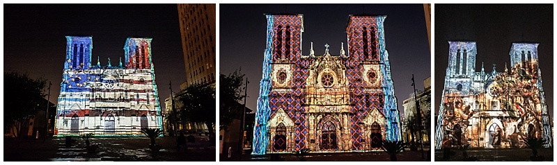 The evening light show on the side of the San Fernando Cathedral in San Antonio, TX