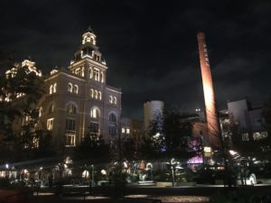 Buildings at Pearl Brewery in San Antonio lit at night