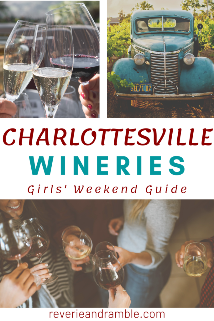 A collection of photos from wineries. Three wine glasses cheersing, a vintage car surrounded by grape vines, and women holding wine glasses