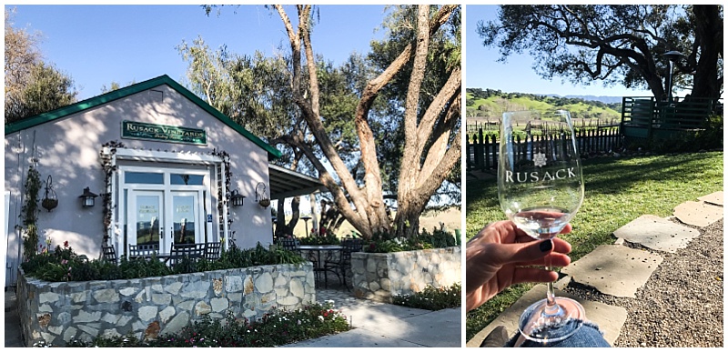 Rusack Vineyard facility and wine glass on patio in Santa Ynez, outside of Santa Barbara, CA