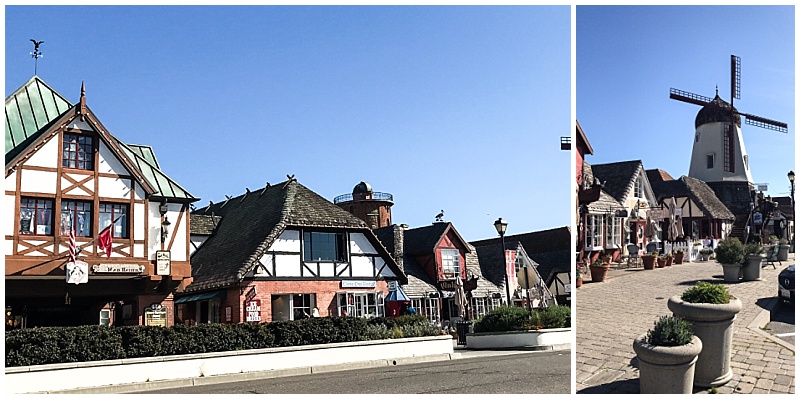 Danish style building along a street in Solvang, CA near Santa Barbara, CA