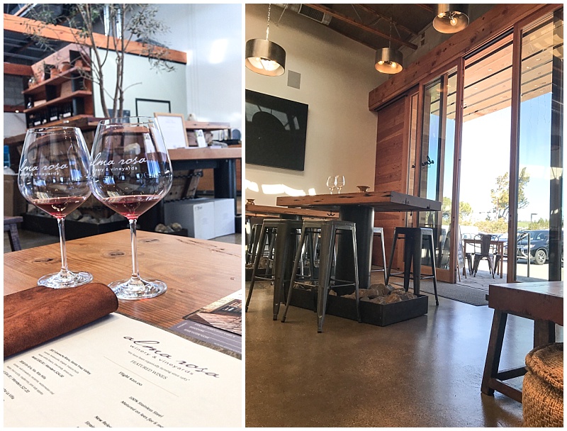 Wine glasses and sitting area at Alma Rosa Winery in Santa Ynez outside Santa Barbara, CA.